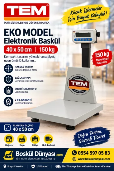 40x50 cm 150 kg Tem Eko Model İndikatörlü Baskül: Hassas ve Ekonomik Tartım Çözümü